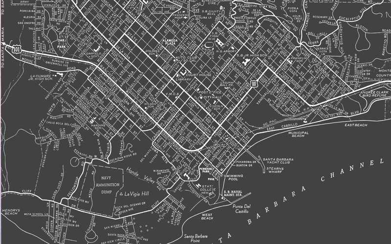 1950s Monochromatic Map of Santa Barbara