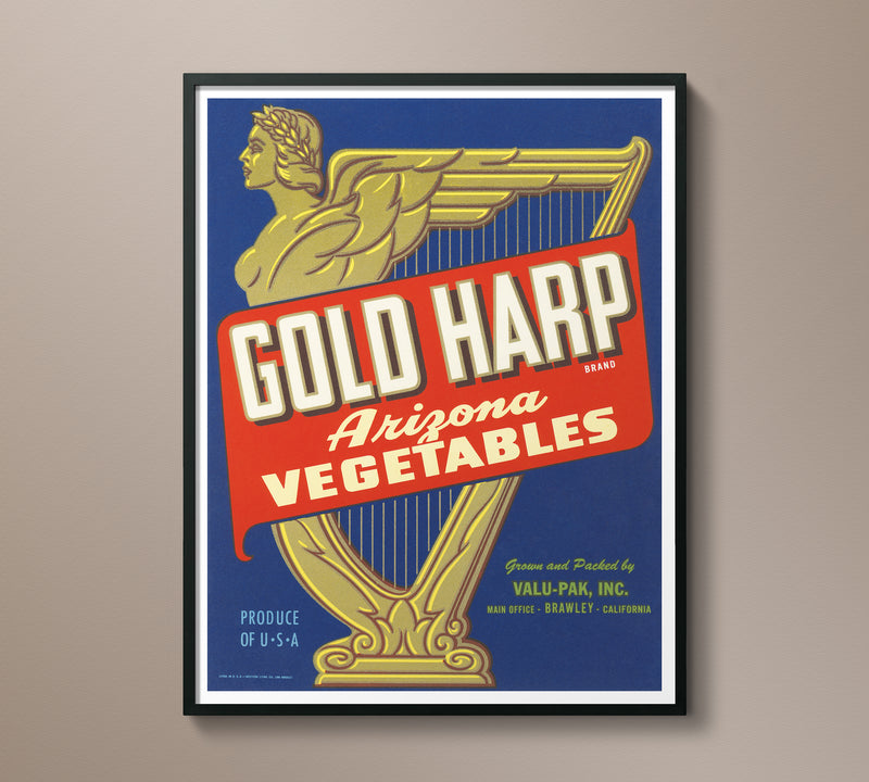 Vintage Produce Label Art - Gold Harp