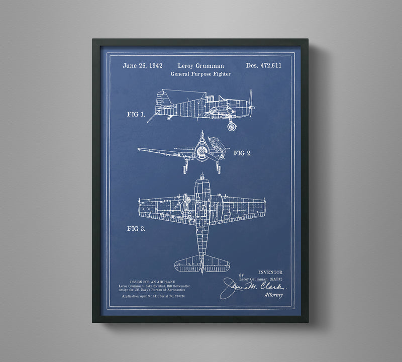 Vintage Airplane Blueprint Art - Grumman Hellcat