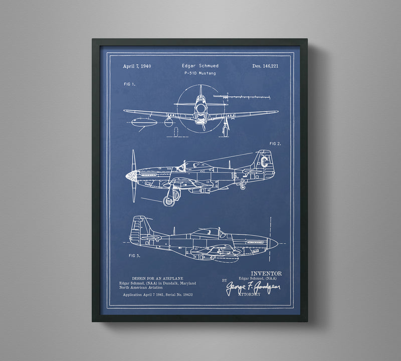 Vintage Airplane Blueprint Art - P-51 Mustang