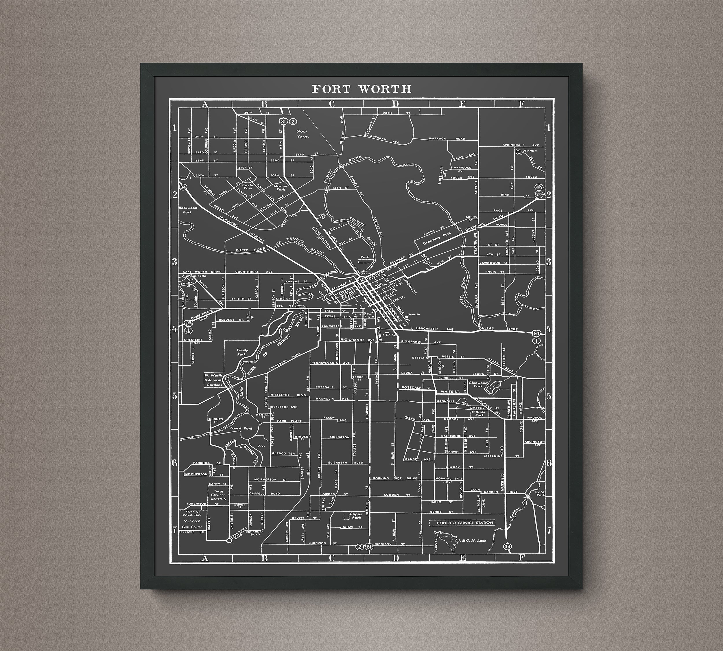 1930s Monochromatic Map of Fort Worth – Art Circa