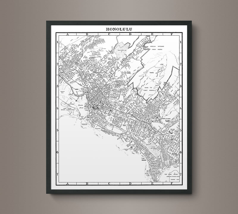 1950s Monochromatic Map of Honolulu