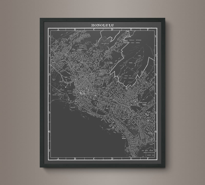 1950s Monochromatic Map of Honolulu