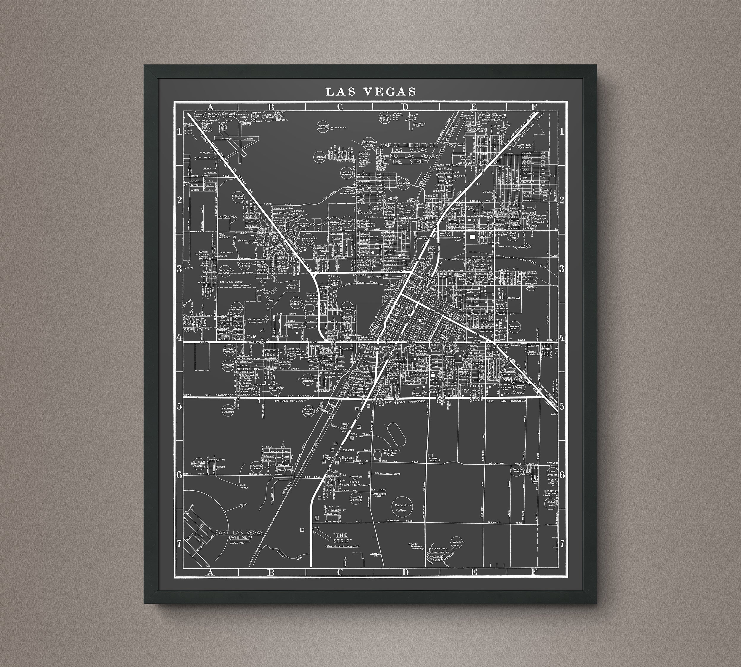 1960s Monochromatic Map of Las Vegas – Art Circa