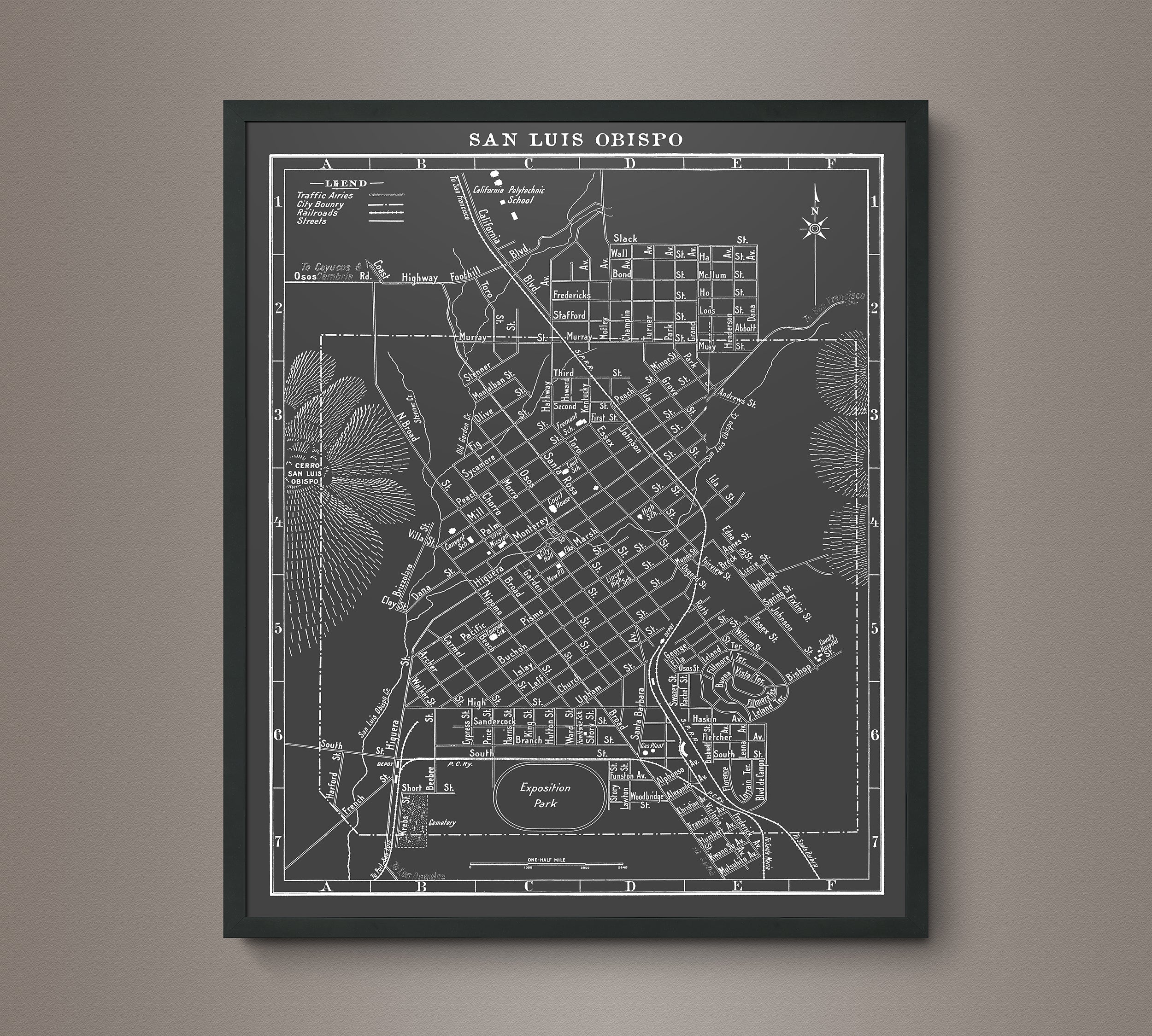 1920s Monochromatic Map of San Luis Obispo – Art Circa