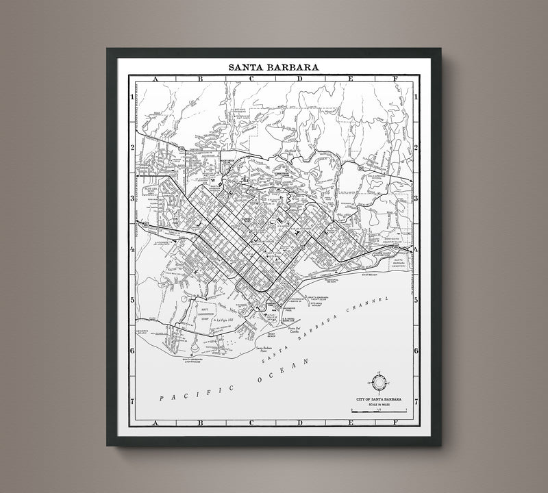 1950s Monochromatic Map of Santa Barbara