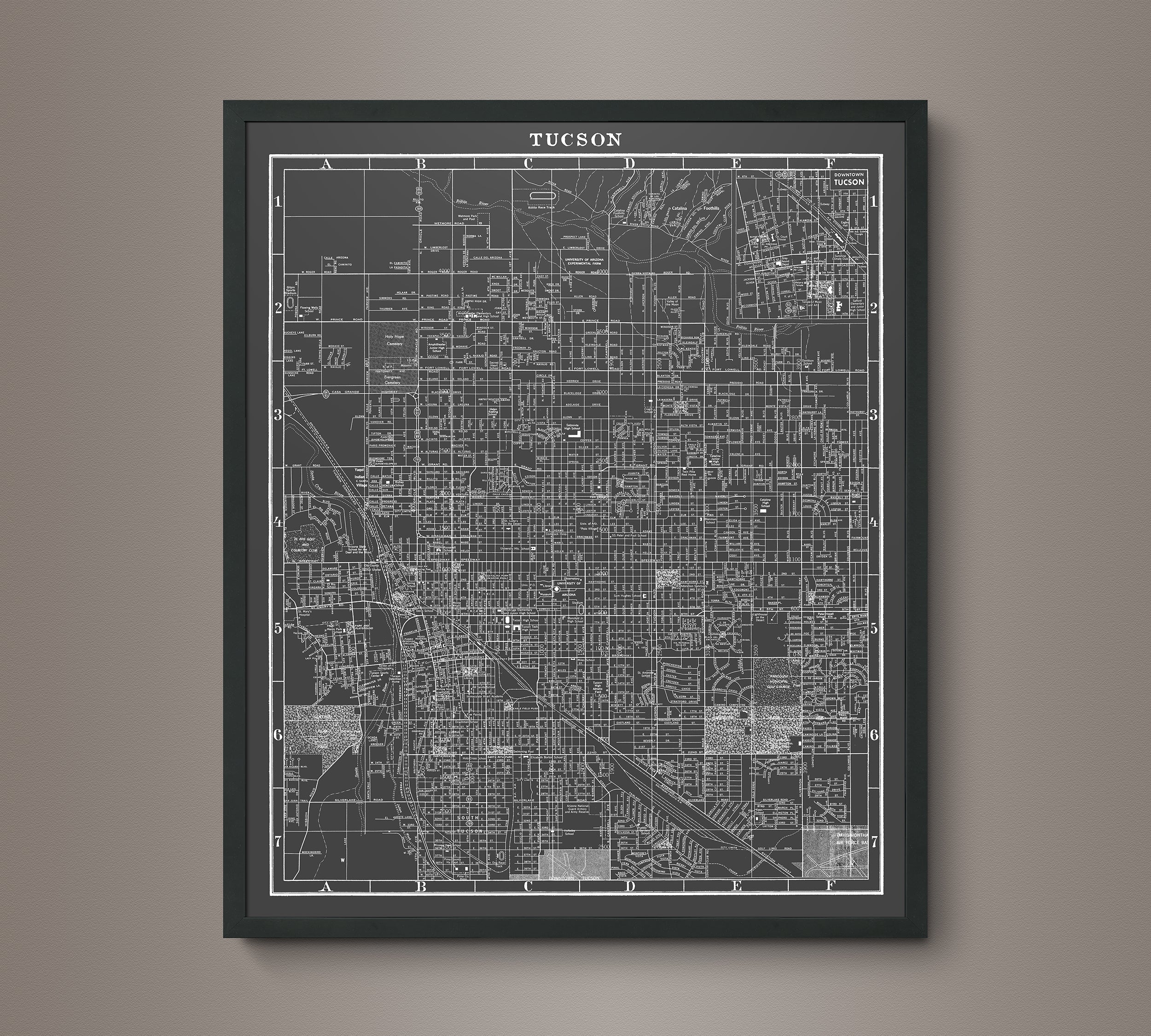 1950s Monochromatic Map of Tucson – Art Circa